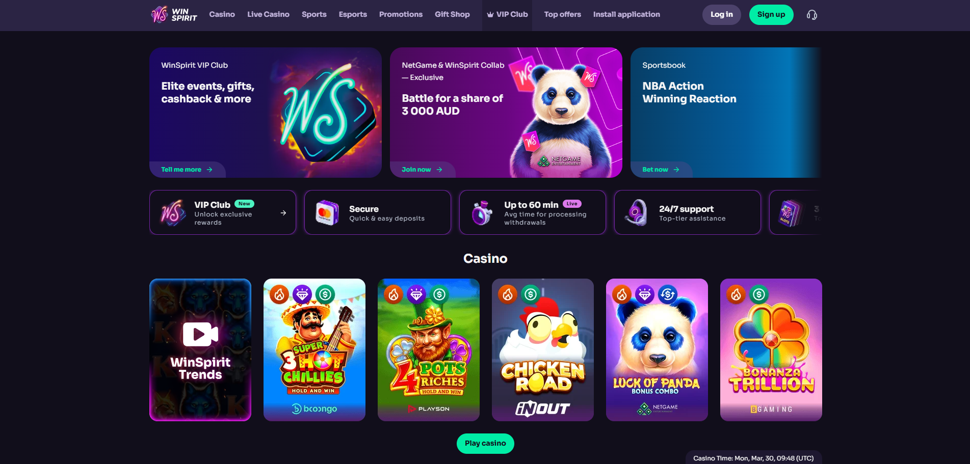 WinSpirit Casino Startseite – Slots, Live-Dealer und Sportwetten im Überblick